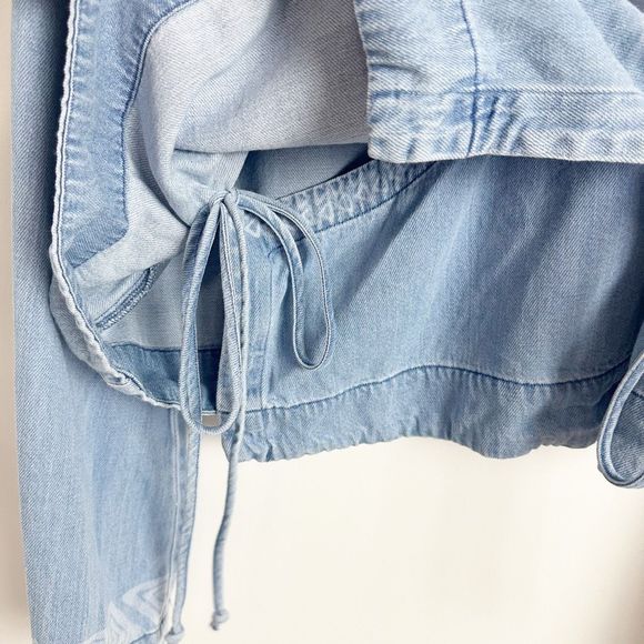 CLOTH & STONE Wrap Crop Top Large Blue Denim Tie Long Flared Sleeve Aztec - Picture 5 of 10